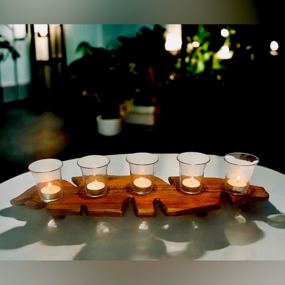 Hand Carved unique vintage Wooden 5 Tea Light Candle Holder. 20”L x 6.5”W - Picture 1 of 14